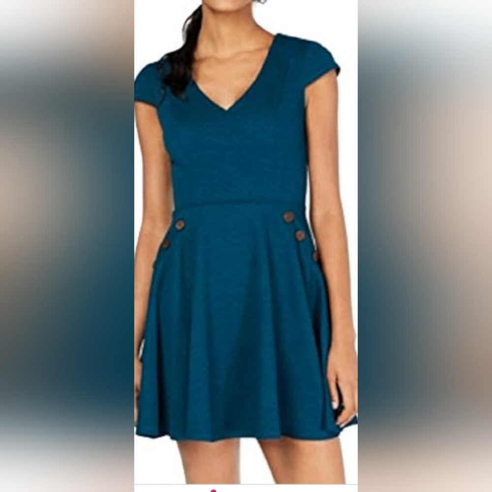 Flare mini dress, cap sleeves, brown accent buttons juniors 5